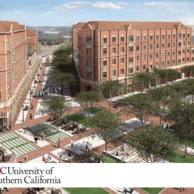 USC campus view with a logo